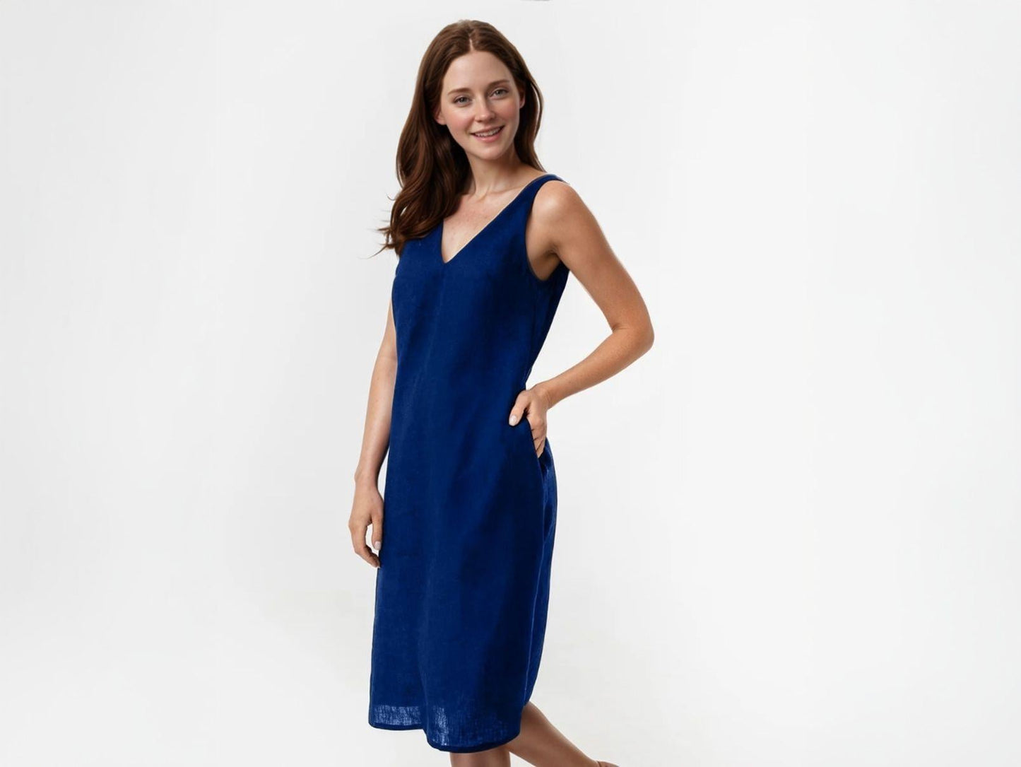 Linen V-Neck Sleeveless Dress, Backless Summer Midi Dress with Pockets, Casual Minimalist Dress, Women' s Lightweight Dress | SKU.25T14T7Y