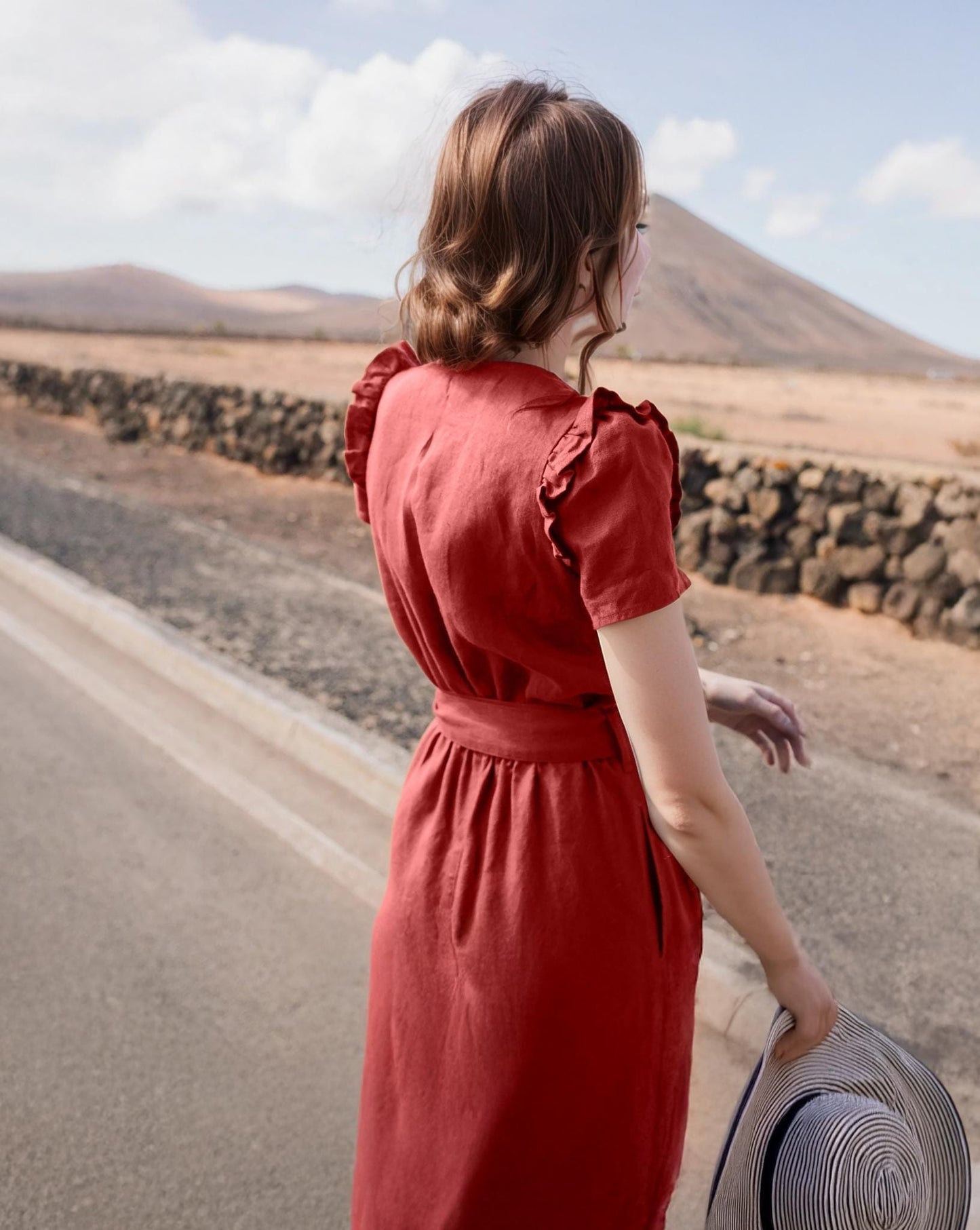 Linen Wrap Jumpsuit with Ruffle Sleeves, Wide Culotte Legs, Maxi Romper, Summer Outfit, Puff Sleeve, Waist Tie | SKU.25T22T3C