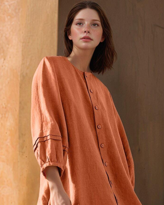 Loose Linen Shirt Dress, Oversized Button Dress, Casual Long Sleeve Dress, Minimalist Fall Dress, Women's Tunic Dress | SKU.25T14T6U