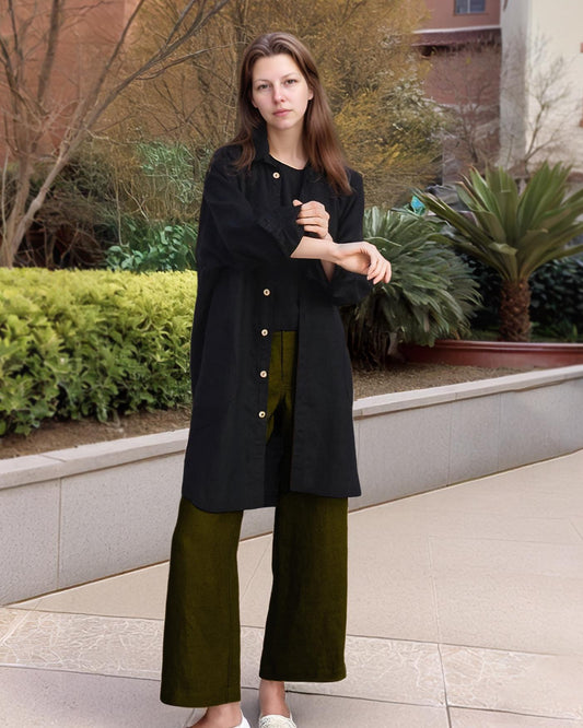 Oversized Linen Tunic Shirt - Longline Button-Up with Side Slits, Layering Top or Dress | SKU.25T22T3Q