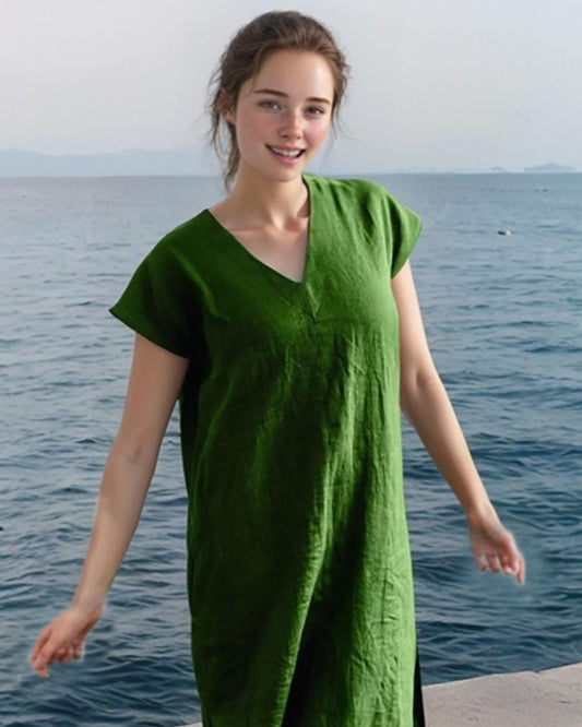 Custom V-Neck Linen Blend Shift Dress - Relaxed Summer Style with Pockets and Side Slit | SKU.25T14T3N