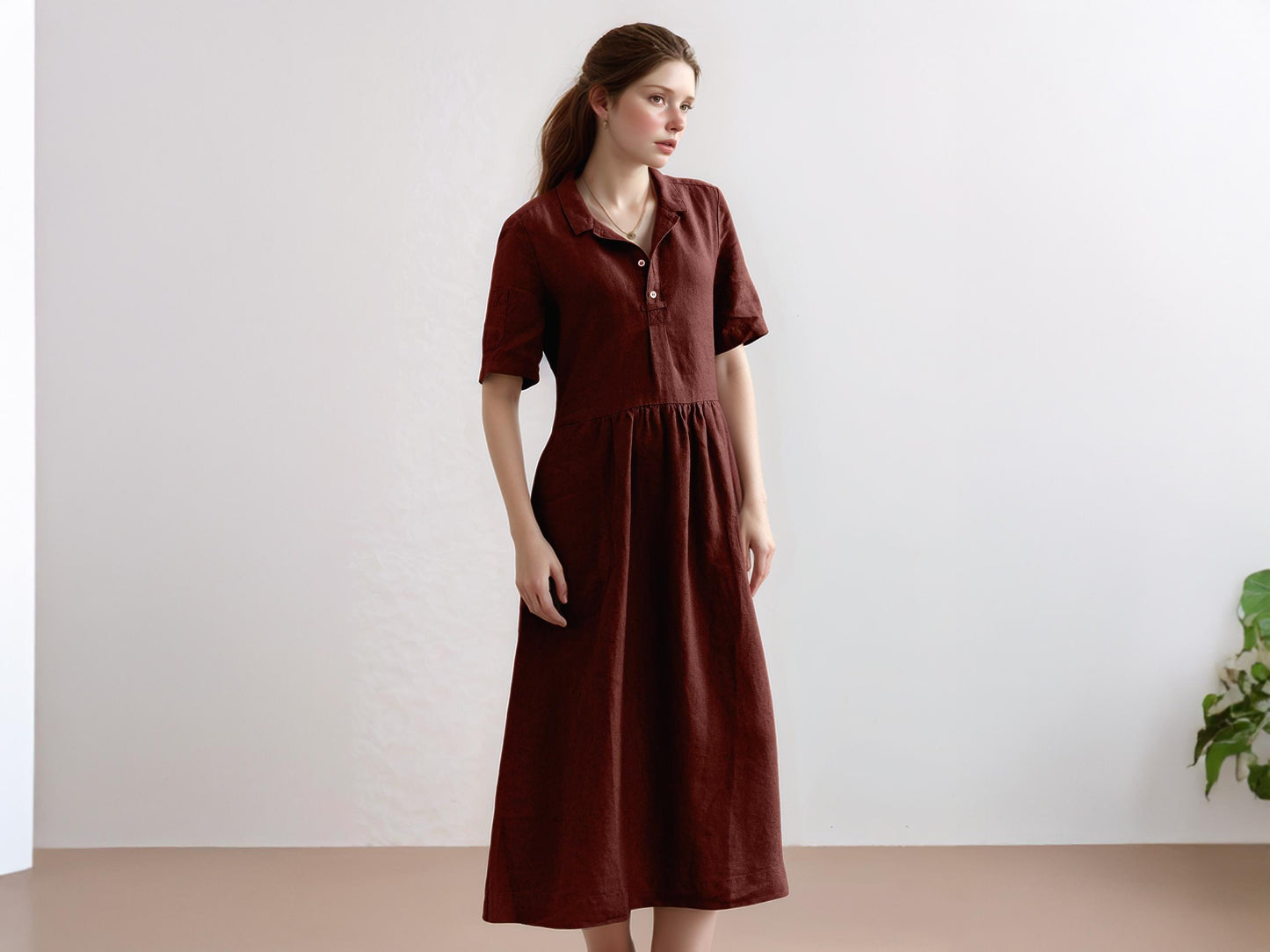 Linen Polo Midi Dress - Short Sleeve, Button Front, Relaxed Fit, Summer Casual, Pockets, Custom Sizing | SKU.25T15T4G