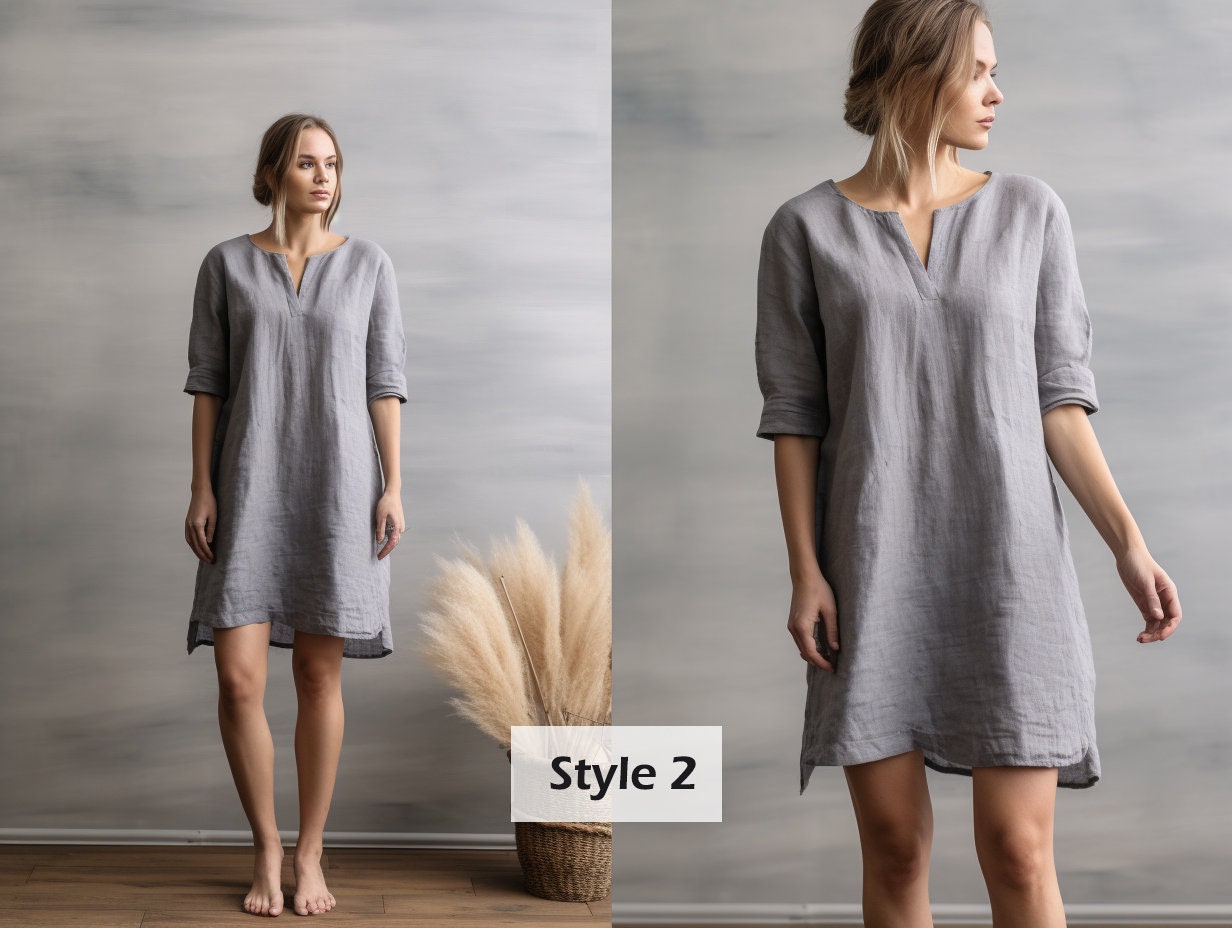 Versatile Linen Dress with Pockets | Split Neck and 3/4 Sleeves | Stylish Linen Shift Dress
