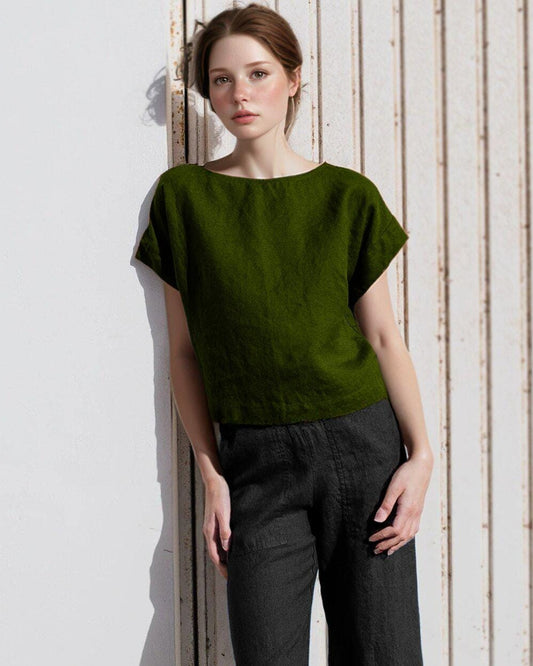Women's Black Linen Wide-Leg Pants - High-Rise, Straight Cut, Elastic Waist, Patch Pockets, Belt Loops | SKU.25T22T2D