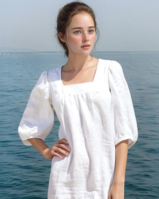 Custom Linen Puff Sleeve Square Neck Dress - Minimalist Summer Dress with Romantic Vintage Charm | SKU.25T14T3E