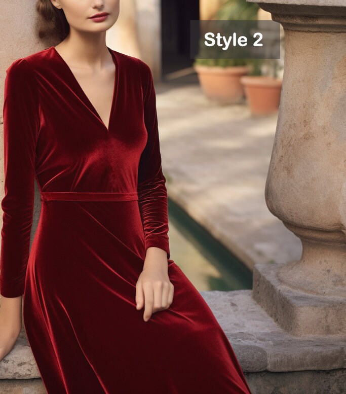 Velvet Midi Dress with Long Sleeves, V-Neck, and Closed Back - Below Knee Length - Elegant Women's Fashion | Customizable | Personalizable