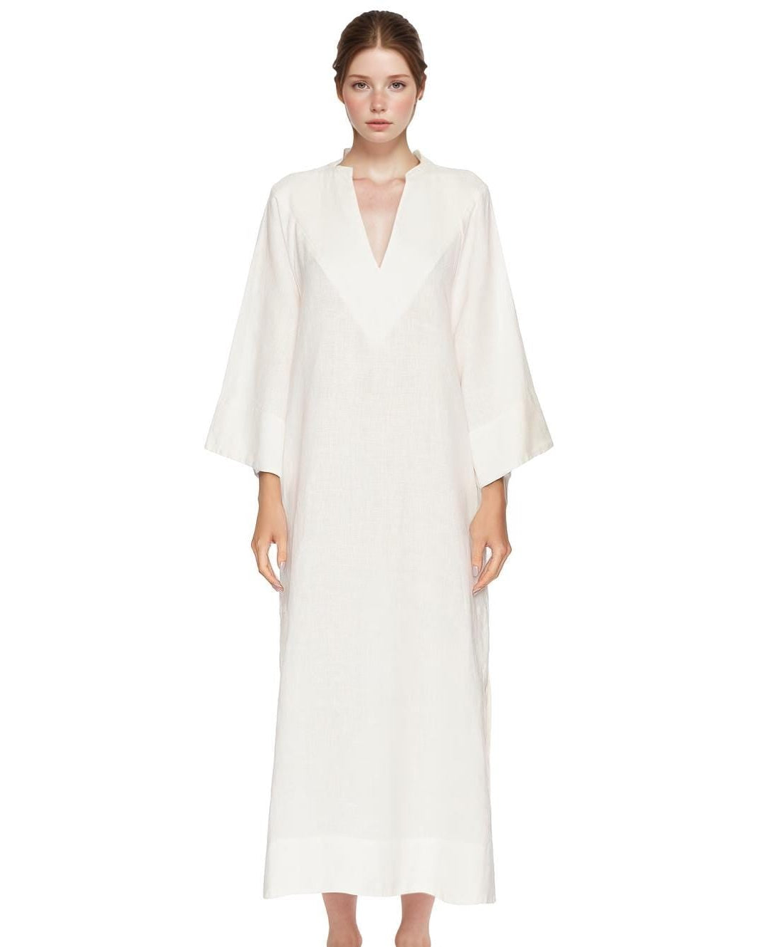 Linen Kaftan Maxi Dress with Side Slits - V-Neck Loose Fit Long Sleeve Beach Dress, Minimalist Summer Resort Cover Up | SKU.25T22T4E