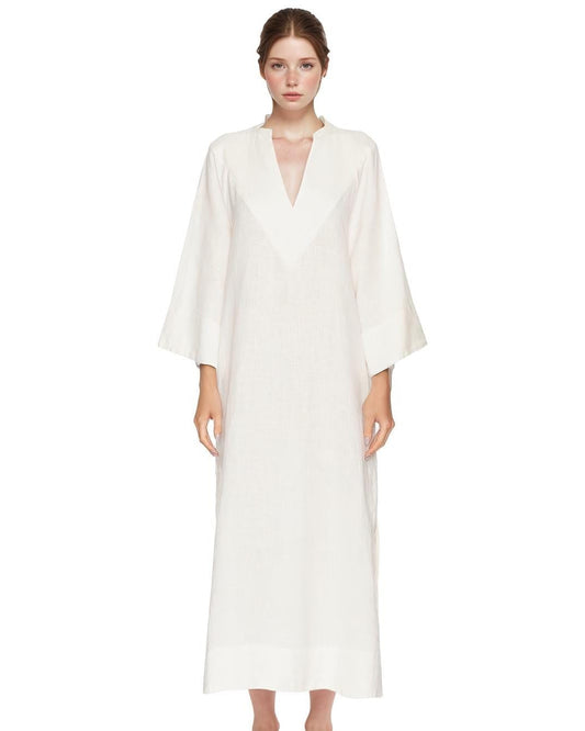 Linen Kaftan Maxi Dress with Side Slits - V-Neck Loose Fit Long Sleeve Beach Dress, Minimalist Summer Resort Cover Up | SKU.25T22T4E