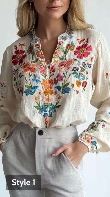 European Style Linen Blouse, Ethnic Boho Floral Top, Beige Floral Embroidered Blouse | 241026A