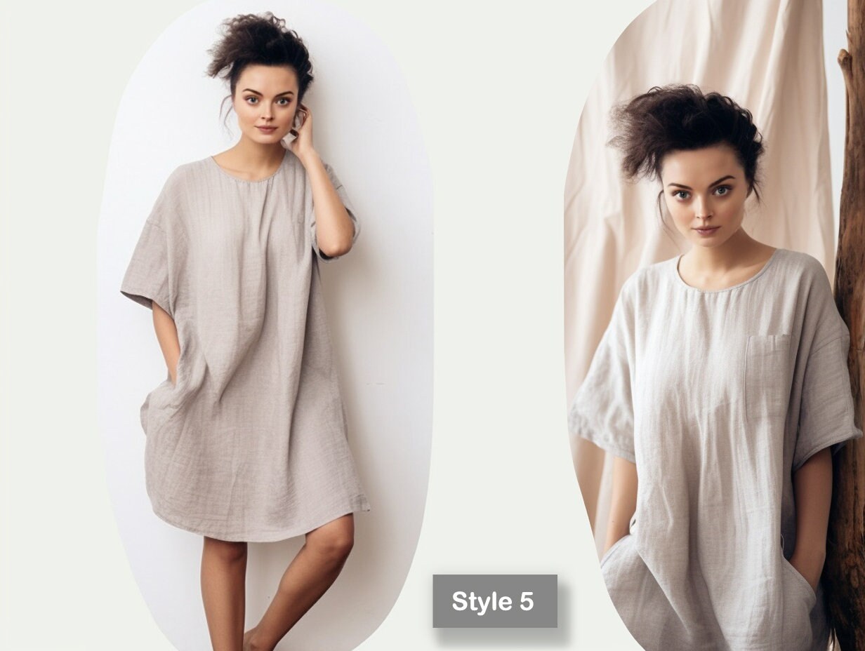 Linen Circle Dress with Pockets - Knee-Length Skater Dress - Linen Dress 3/4 Sleeves and Crew Neckline | Customizable | 230807A