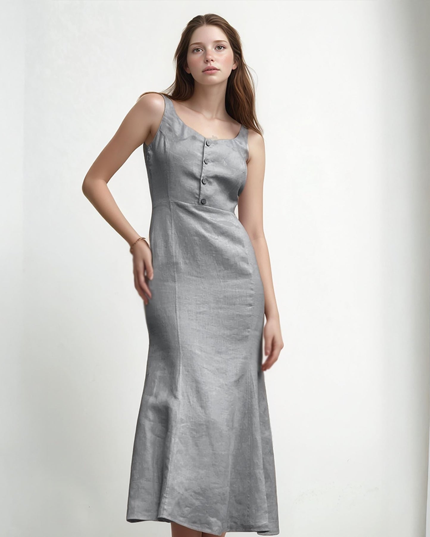 Gray Linen Midi Dress for Women | Square Neck Sleeveless Dress | Summer Linen Sundress with Buttons | SKU.25T11T4F