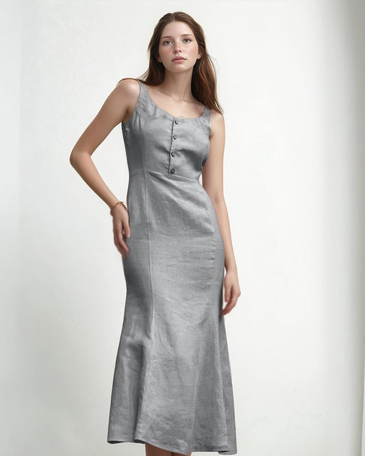 Gray Linen Midi Dress for Women | Square Neck Sleeveless Dress | Summer Linen Sundress with Buttons | SKU.25T11T4F