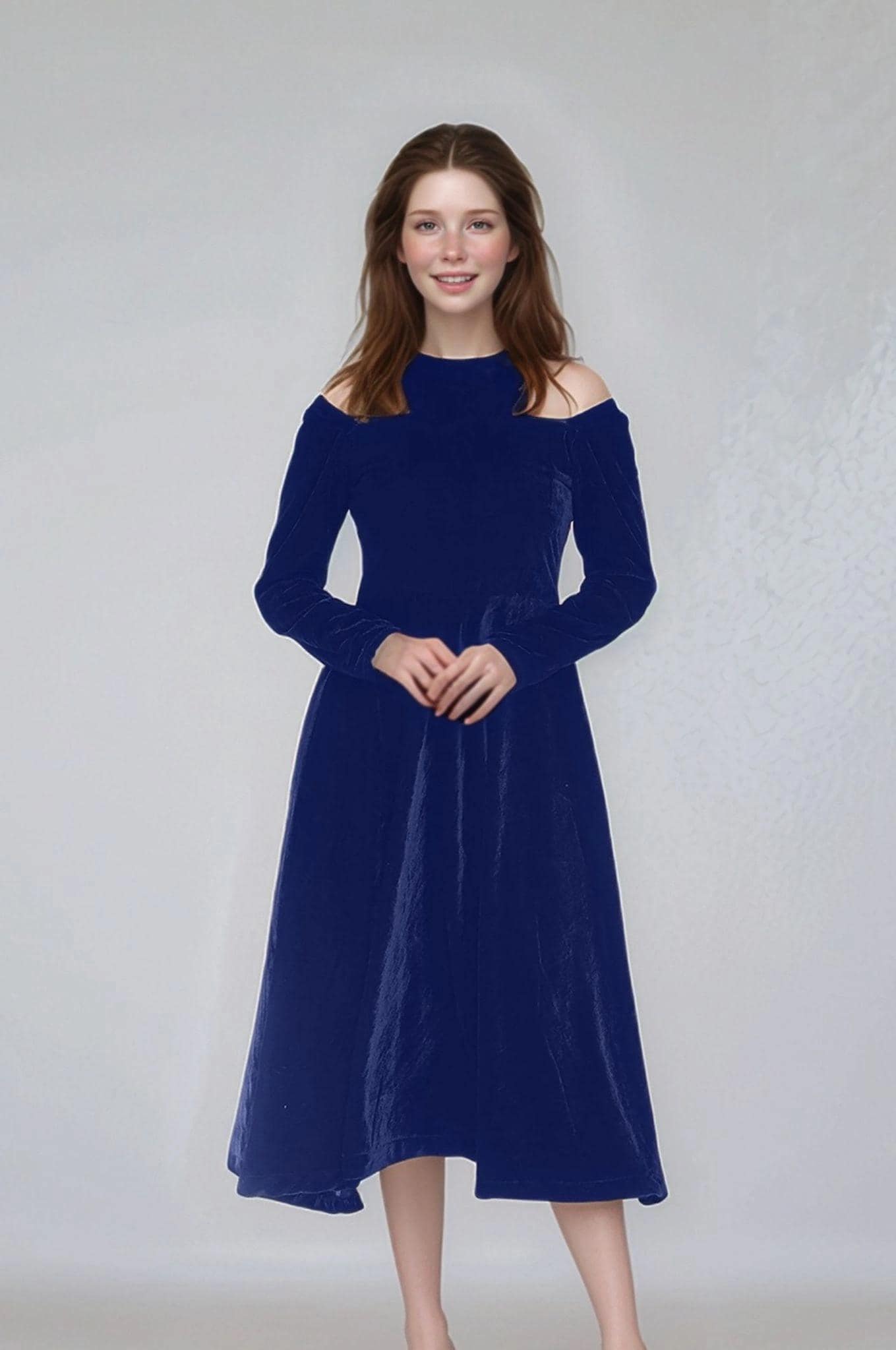 Dark Plum Velvet Midi Dress – Off Shoulder Long Sleeve Fit and Flare Party Dress for Women | SKU.24T17T5H