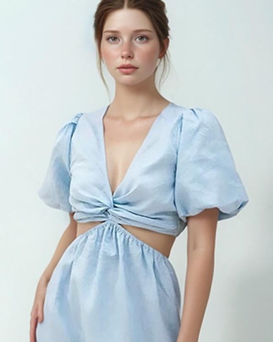 Puff Sleeve Cut-Out Linen Dress, Baby Blue Two-Piece Dress, Summer Vacation Dress, Boho Chic Maxi Dress | SKU.25T15T3G