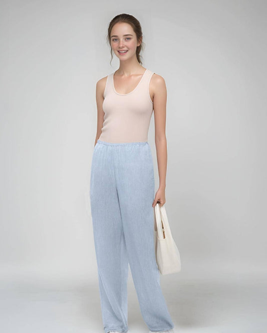 Women's Linen Wide-Leg Pants – Elastic Waist, Casual Loose Fit | SKU.25T11T6G