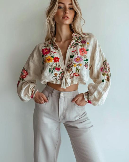 Floral Embroidered Blouse, European Chic Linen Top, Neo-Classical Boho Beige Blouse with a Touch of Allure | 241026C