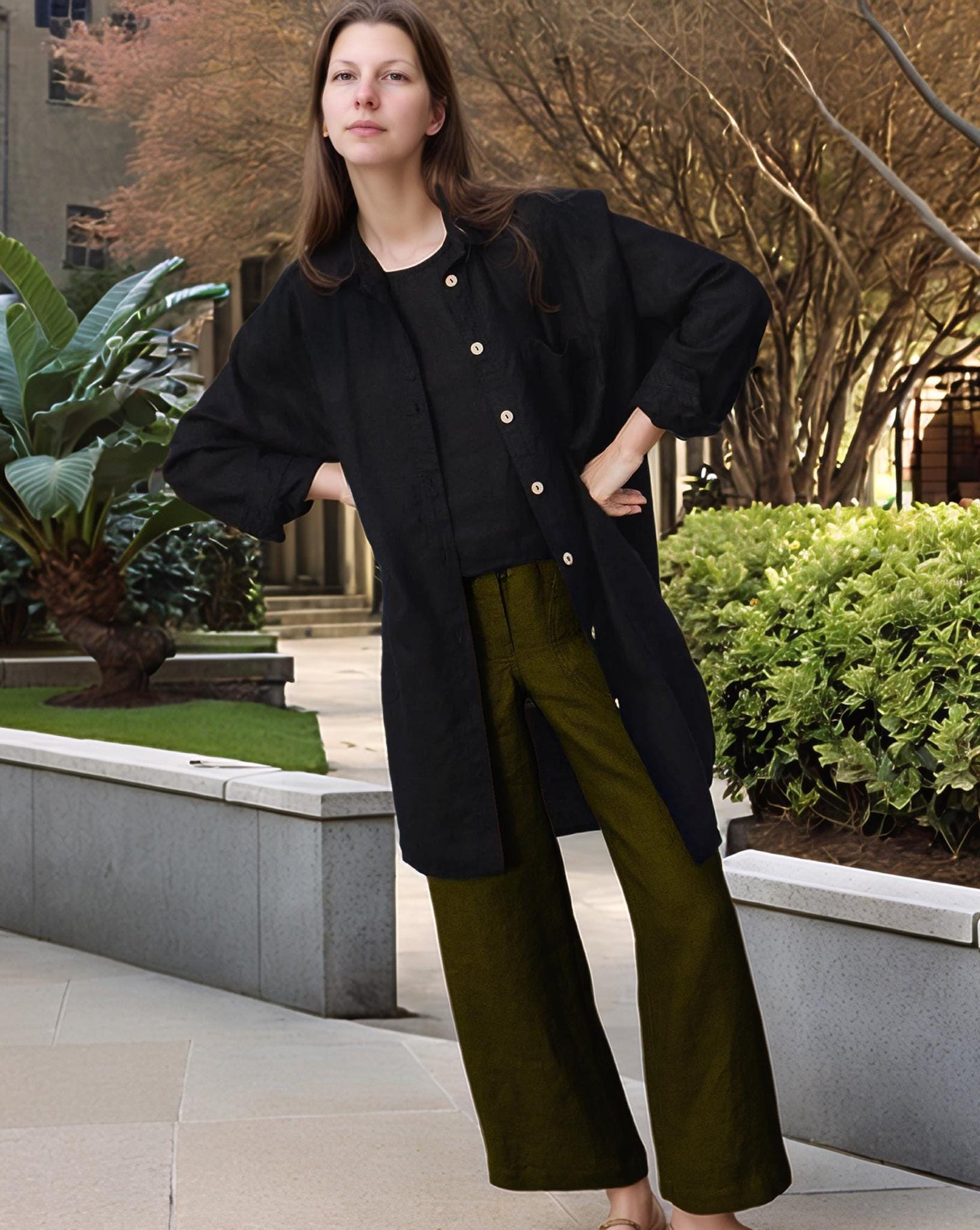 Oversized Linen Tunic Shirt - Longline Button-Up with Side Slits, Layering Top or Dress | SKU.25T22T3Q