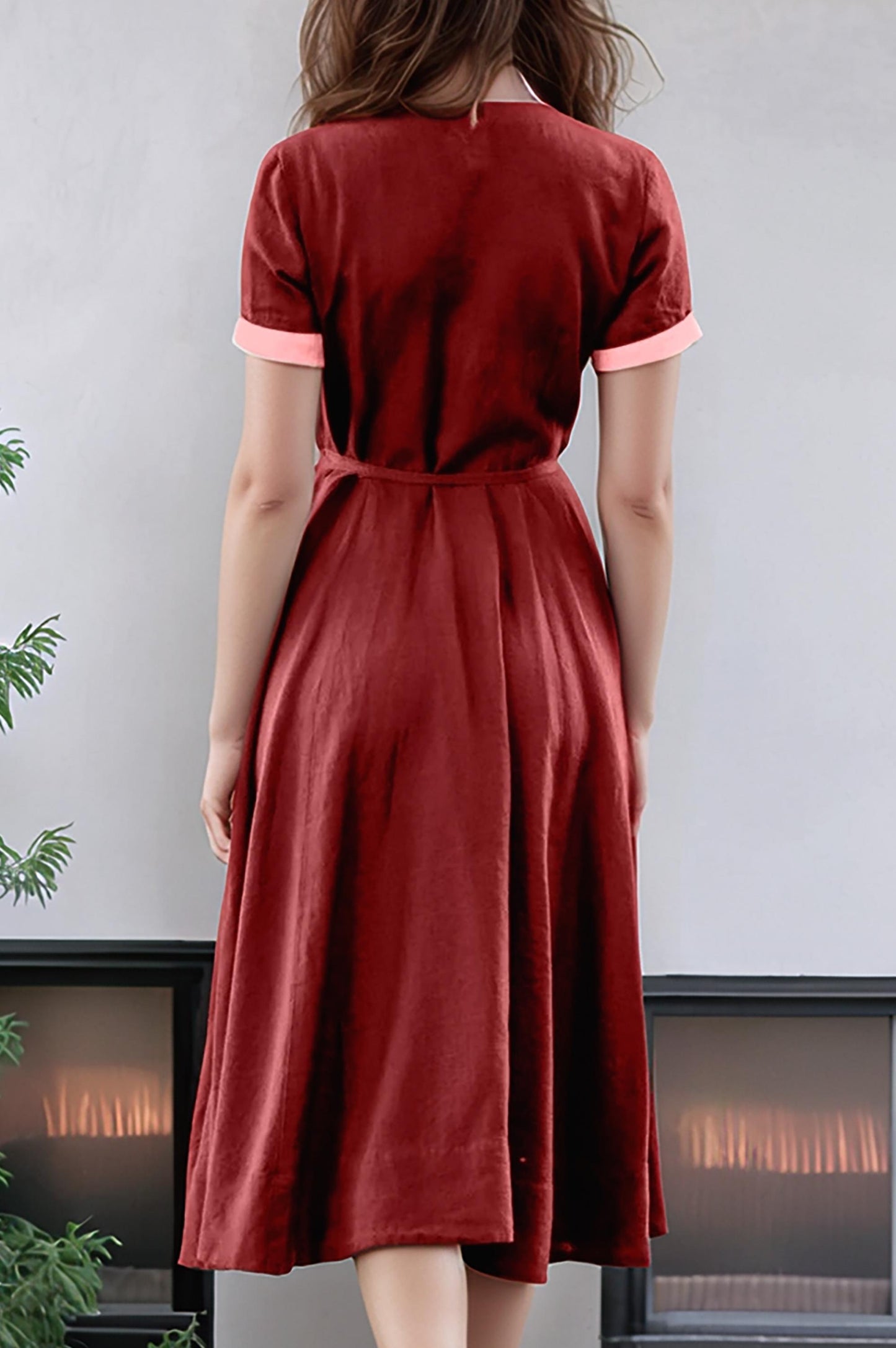 Rust Red Linen Wrap Dress – Short Sleeve Midi Dress with Belt for Effortless Elegance | SKU.25T11T5D
