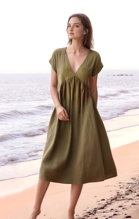 Handmade Linen Midi Dress - V-Neck Flowy Summer Dress - Casual Boho Beach Dress | SKU.241227