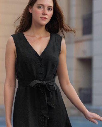Sleeveless Black Linen Maxi Dress, V-Neck Button Front, Waist Tie, Summer Boho Chic, Custom Fit, Elegant Casual Dress | SKU.25T14T7K