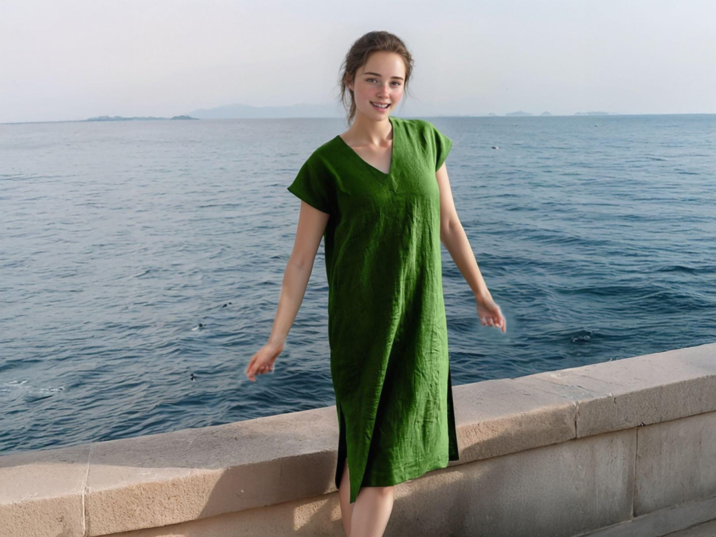 Custom V-Neck Linen Blend Shift Dress - Relaxed Summer Style with Pockets and Side Slit | SKU.25T14T3N