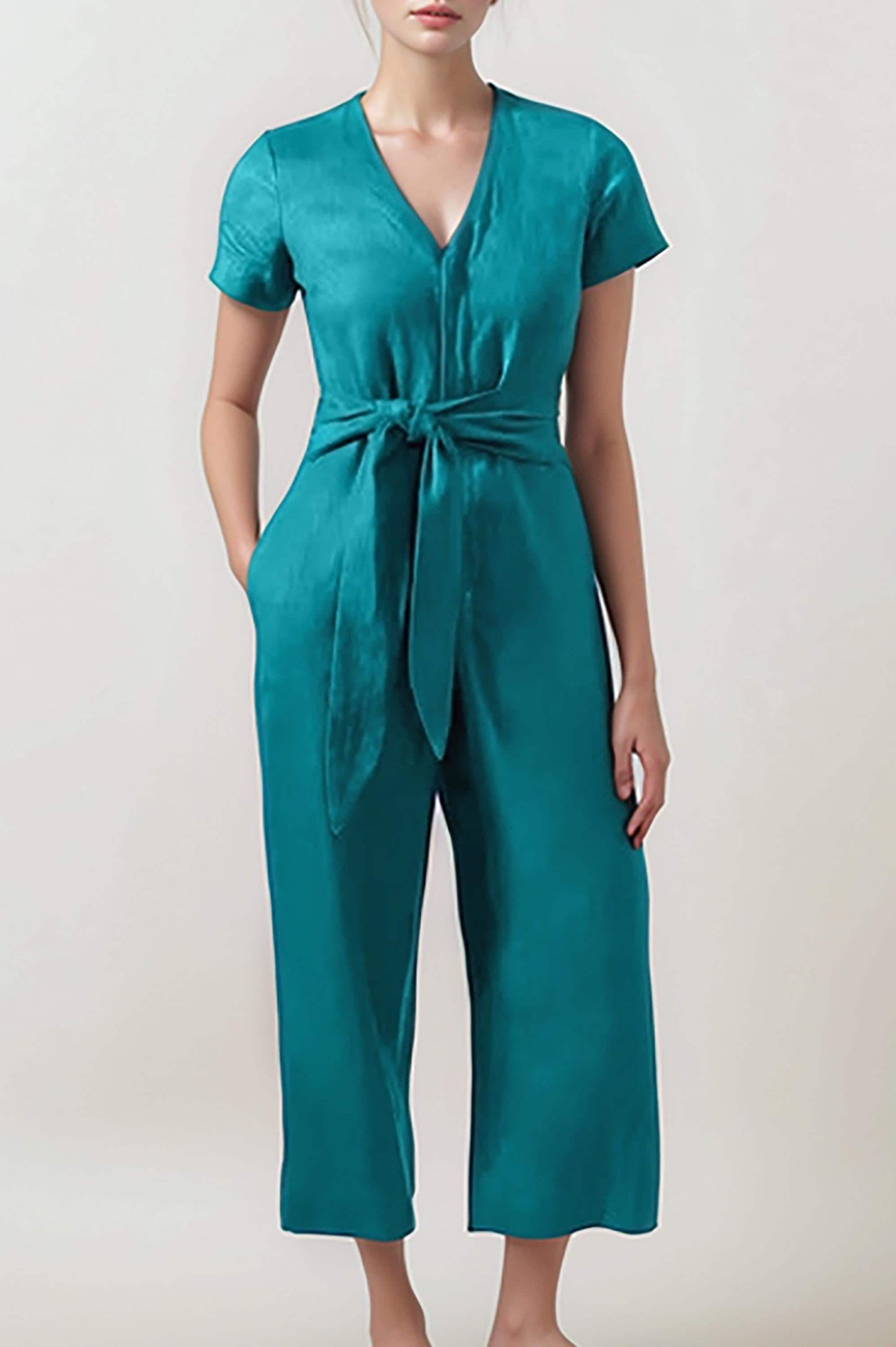 Teal V-Neck Jumpsuit – Elegant Wide-Leg One-Piece with Waist Tie for Effortless Style | SKU.25T11T7I