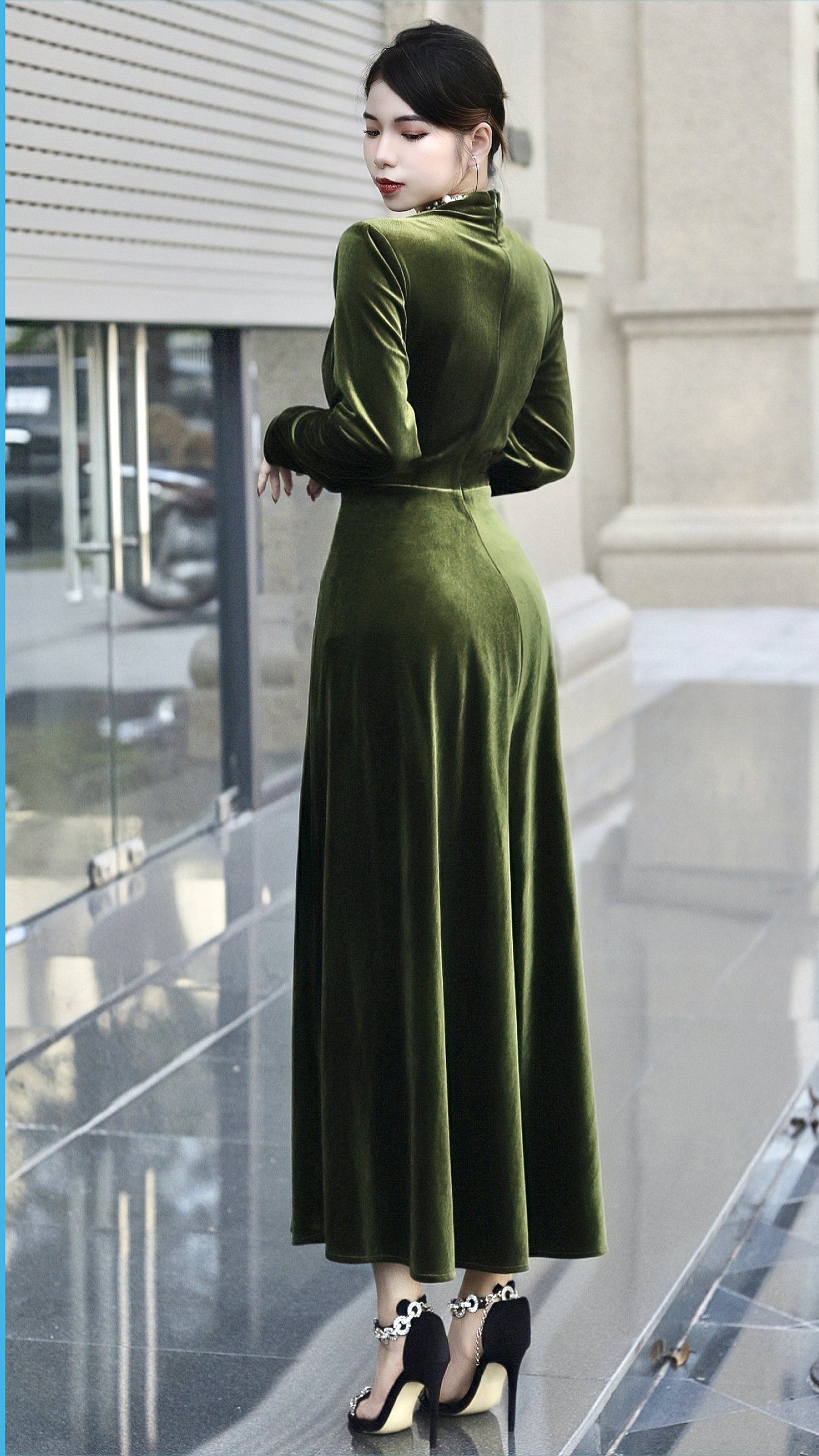 Chic Velvet Midi Dress with Long Sleeves and Turtleneck - Self-Tie Belt | Fashion for Spring and Fall | Custom Handmade Design