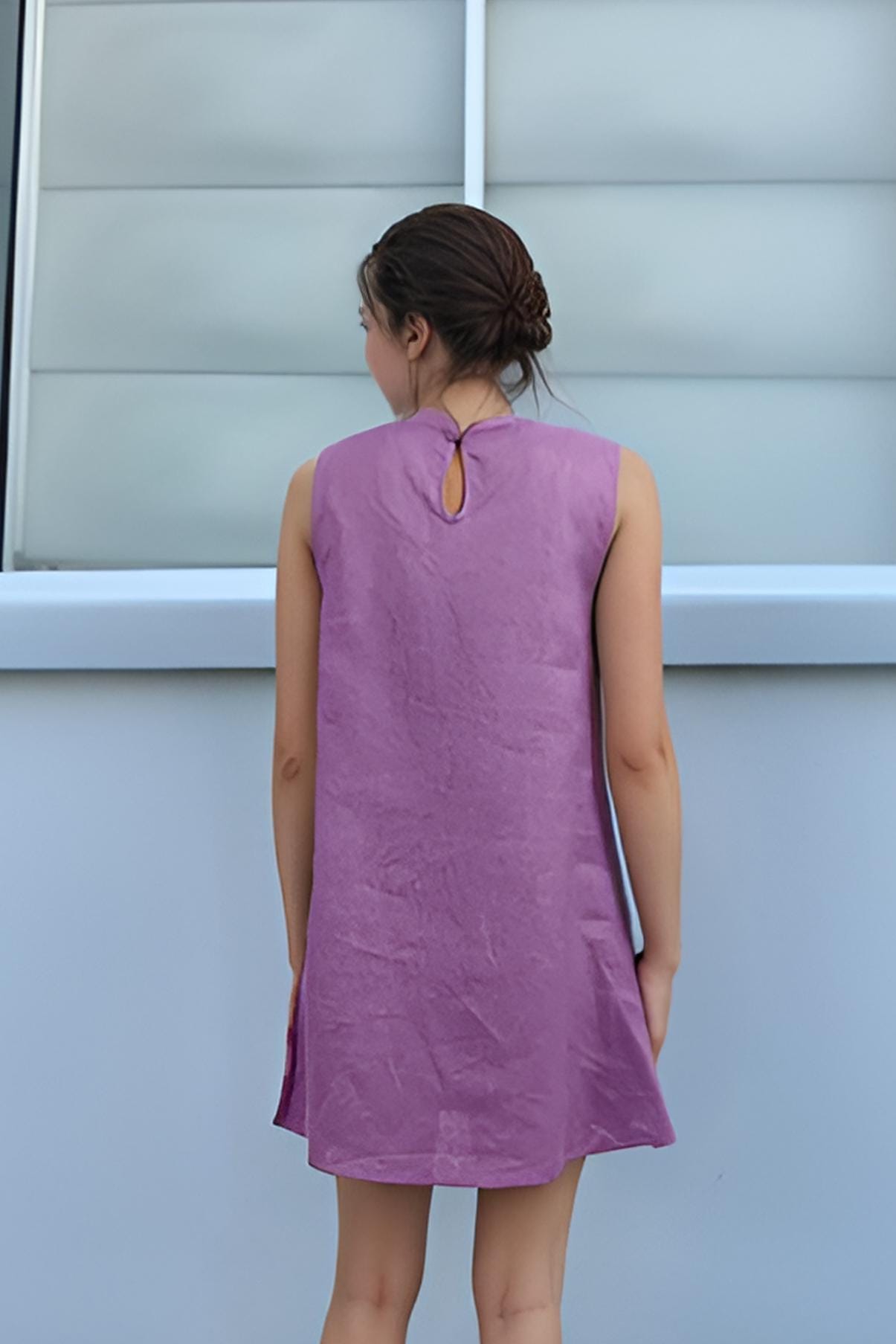 Lavender Linen Button Side Mini Dress - Sleeveless Summer Dress, Minimalist Shift Dress, Casual Linen Dress | SKU.25T10T3E