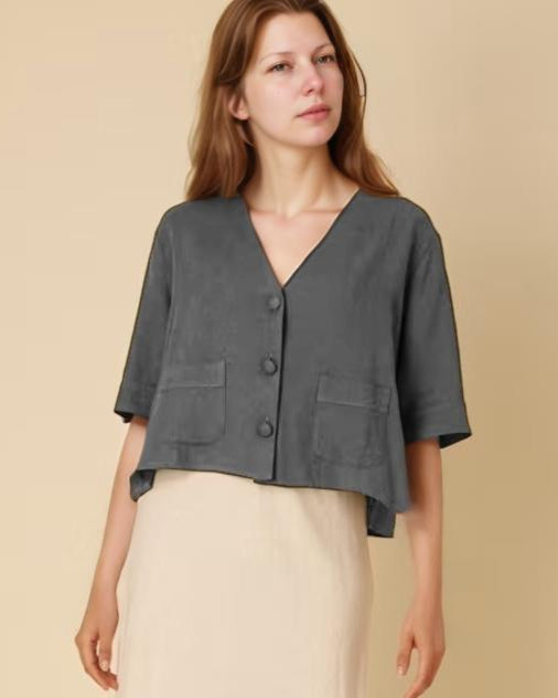 Linen V-Neck Relaxed Shirt - Cropped Boxy Fit, Button Front, Short Sleeve Summer Blouse | SKU.25T22T3Z