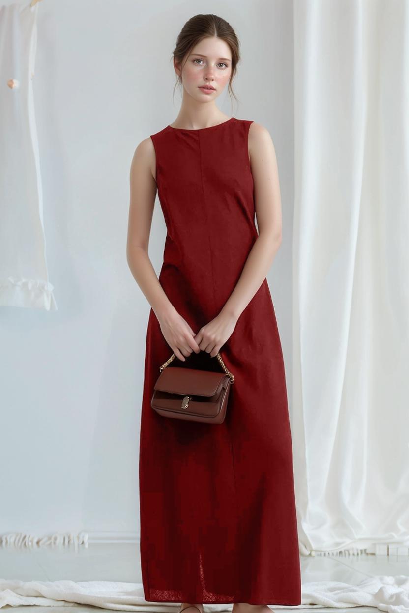 Sleeveless Burgundy Linen Maxi Dress, Elegant Minimalist Long Dress, Natural Fiber Summer Dress for Women | SKU.25T11T3I