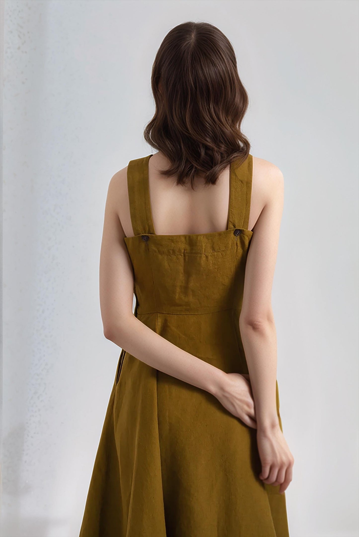 Linen Pinafore Dress – Square Neck Sleeveless Midi Dress with Side Button Detail | SKU.25T11T5K
