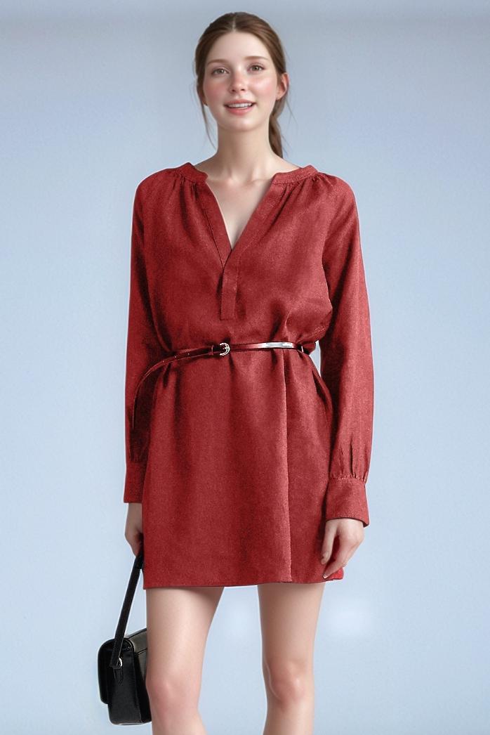 Rust Linen Long Sleeve Mini Dress - Boho V-Neck Tunic Dress with Belt, Casual Fall Dress | SKU.25T11T2C