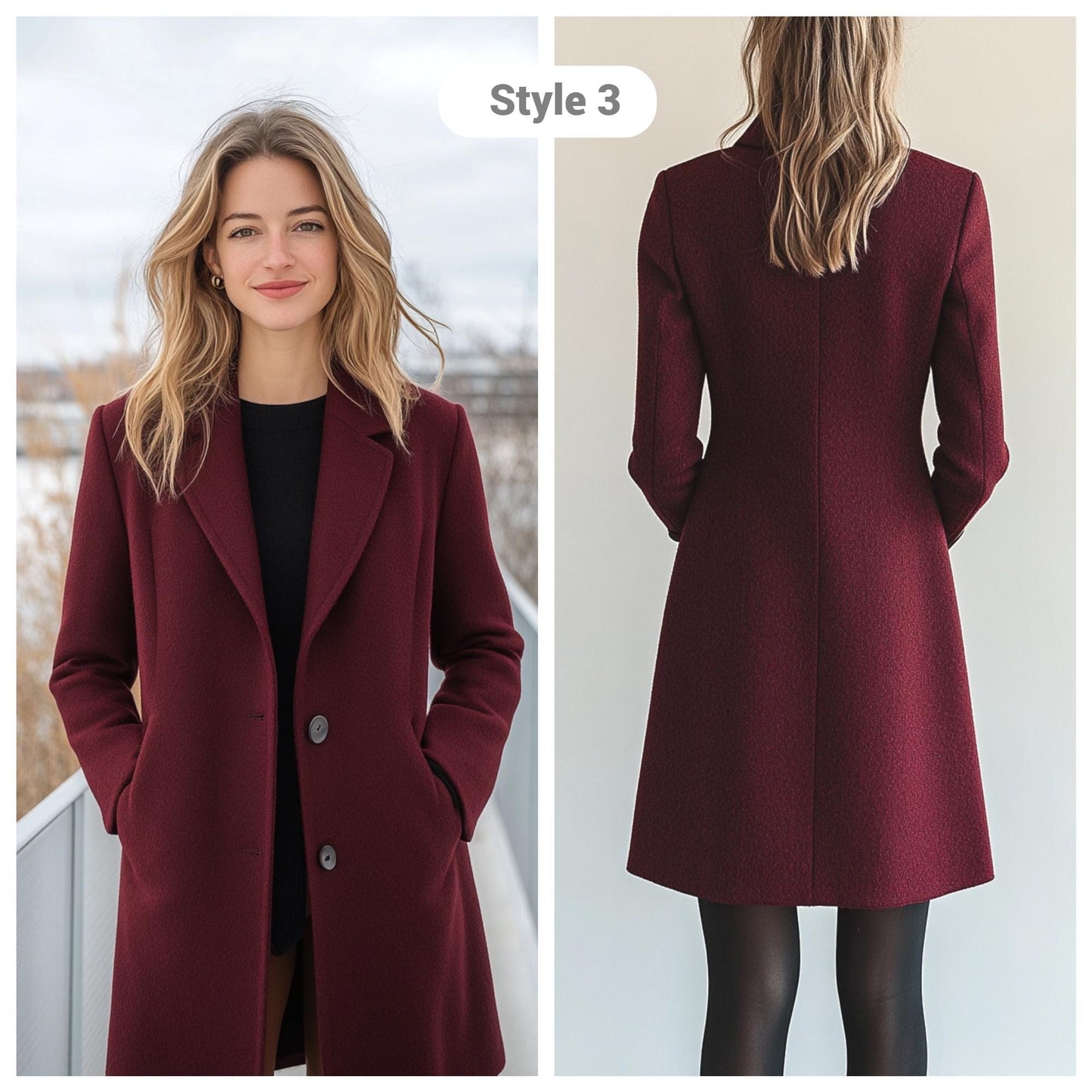 Custom Burgundy Wool Coat for Women, Warm Long Winter Jacket with Tailored Fit, Outerwear for Stylish Cold Weather Protection | 241104