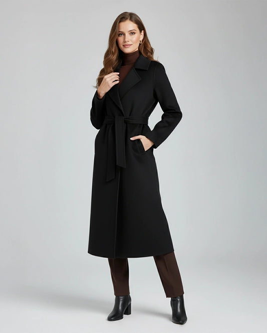 Classic Black Wool Coat – Chic Belted Longline Coat with Tailored Fit | 25T35T5F