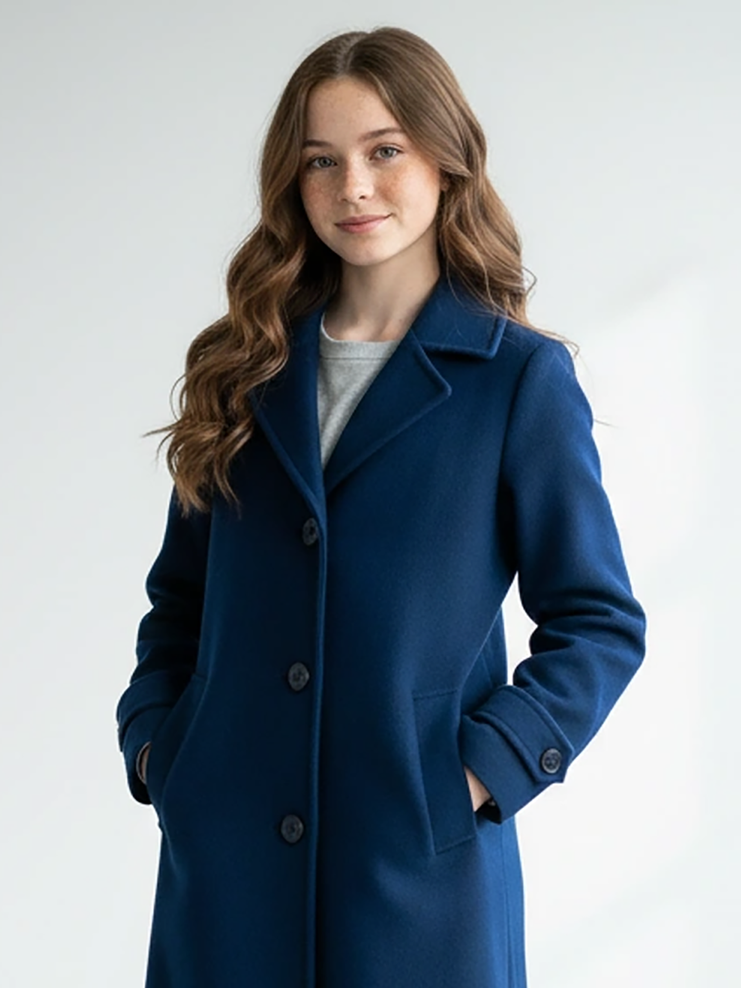 Navy Wool Long Coat – Chic Tailored Outerwear with Single-Breasted Design | 25T35T4N