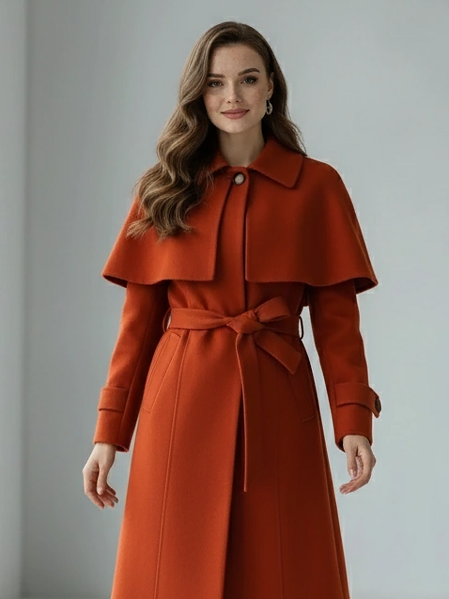 Rust Wool Trench Coat – Sophisticated Belted Overcoat with Cape Detail | 25T35T5N