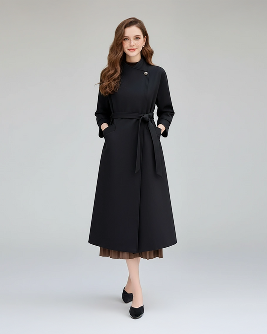 Elegant Black Wool Trench Coat – Chic Longline Coat with Belted Waist and Button Accents | 25T35T5D