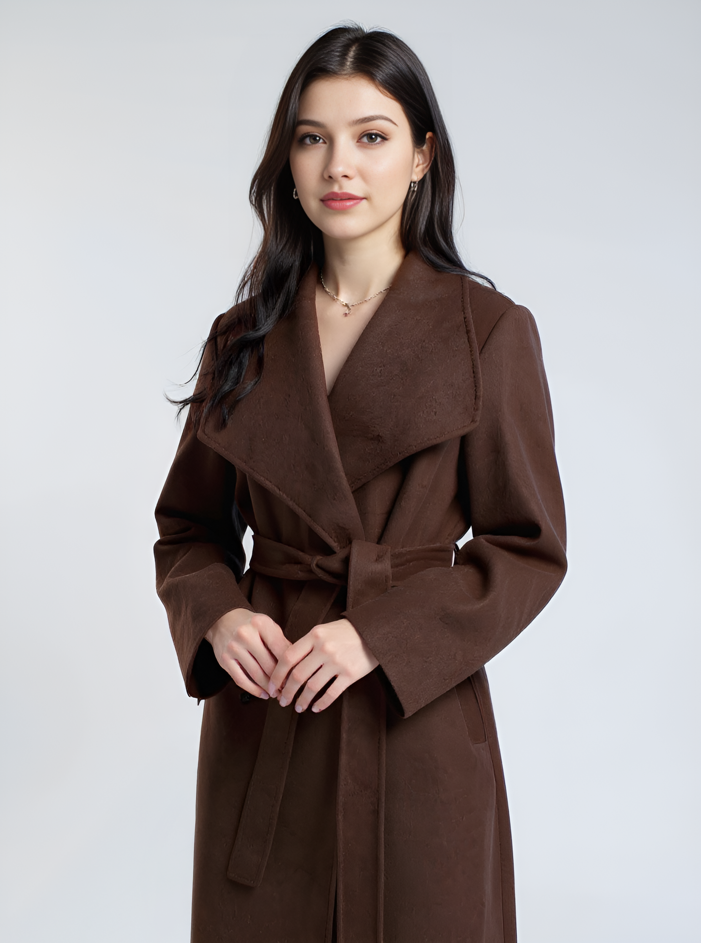Chocolate Wool Trench Coat – Sophisticated Longline Coat with Belted Waist | 25T35T6C