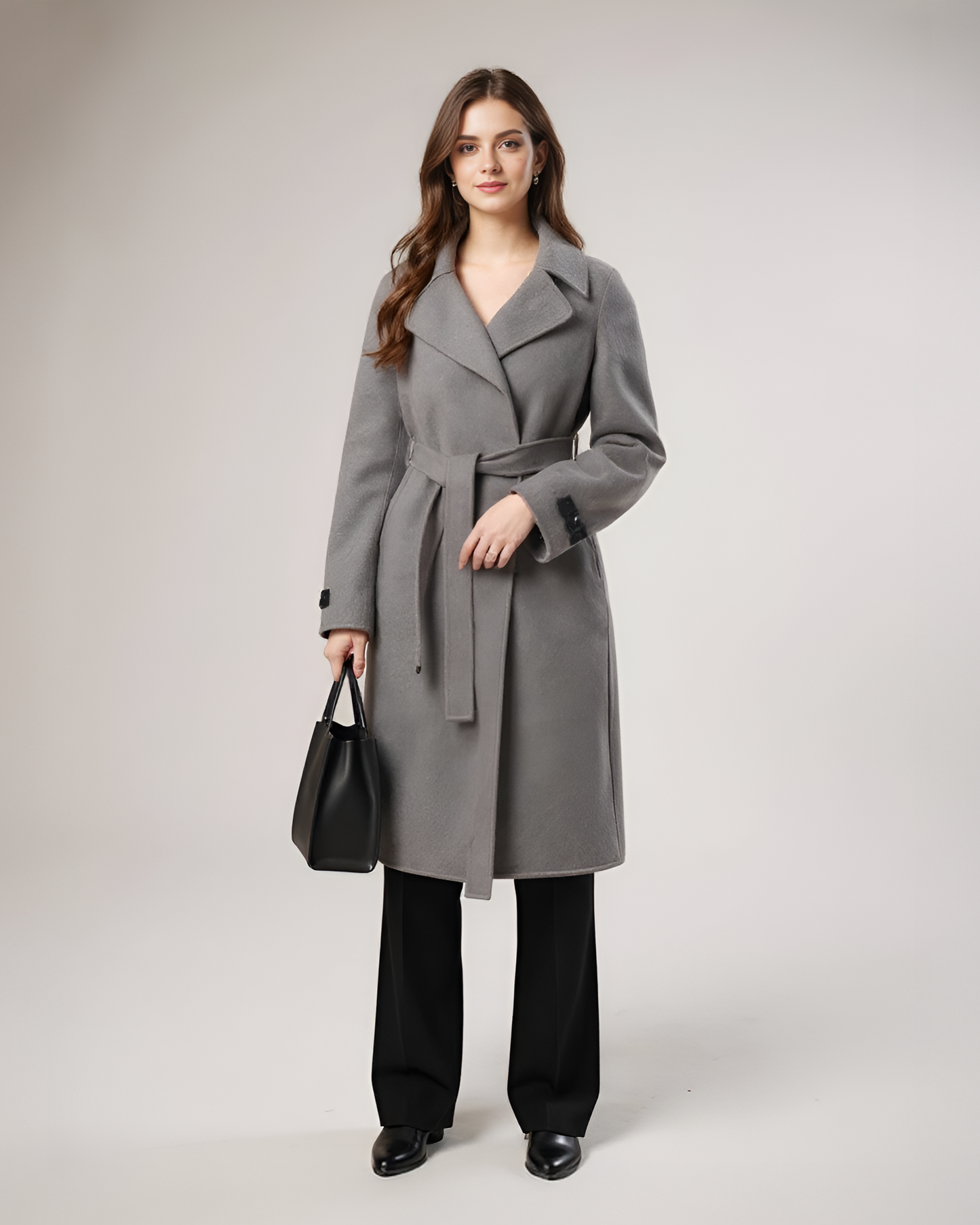 Classic Gray Wool Overcoat – Sophisticated Belted Wrap Coat with Notch Lapel | 25T35T6F