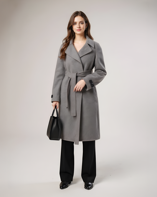 Classic Gray Wool Overcoat – Sophisticated Belted Wrap Coat with Notch Lapel | 25T35T6F
