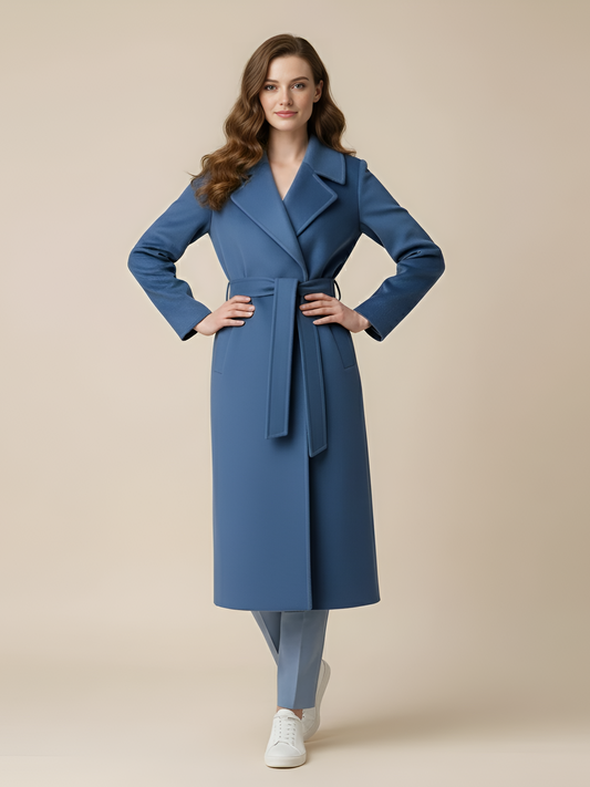 Elegant Blue Wool Wrap Coat – Sophisticated Belted Long Coat with Notched Lapel | 25T35T4G