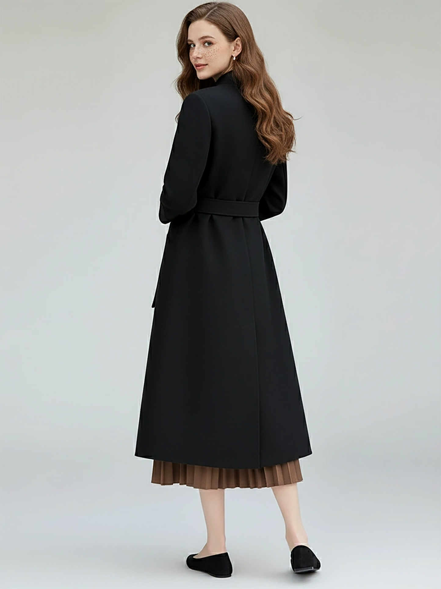 Elegant Black Wool Trench Coat – Chic Longline Coat with Belted Waist and Button Accents | 25T35T5D