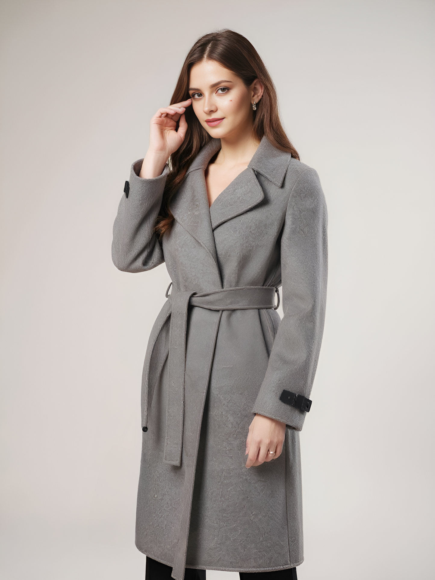 Classic Gray Wool Overcoat – Sophisticated Belted Wrap Coat with Notch Lapel | 25T35T6F