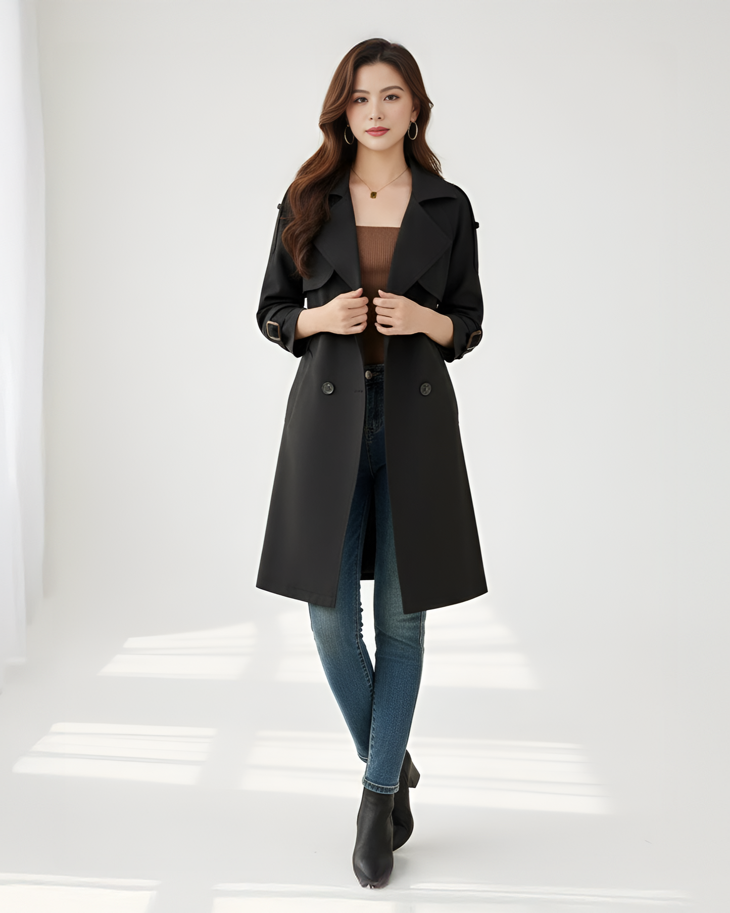 Classic Black Wool Trench Coat – Chic Double-Breasted Coat with Belted Waist | 25T35T6M