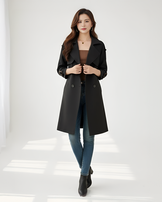 Classic Black Wool Trench Coat – Chic Double-Breasted Coat with Belted Waist | 25T35T6M