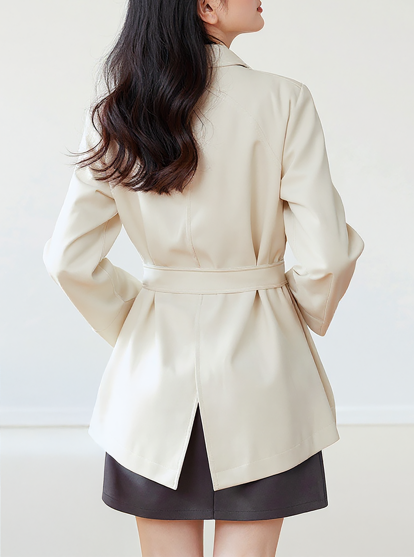 Beige Polyester Trench Coat – Chic Belted Layer with Draped Front | 25T35T6Q
