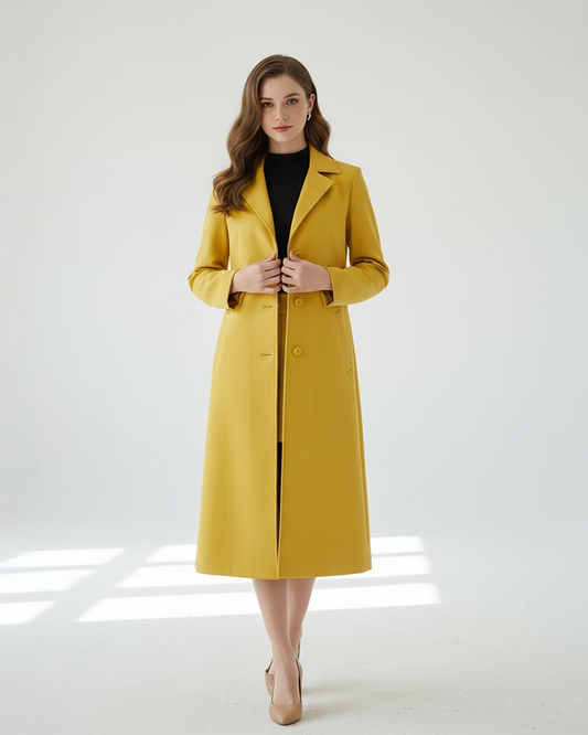 Mustard Wool Longline Coat – Chic Tailored Coat with Notch Lapels | 25T35T6B