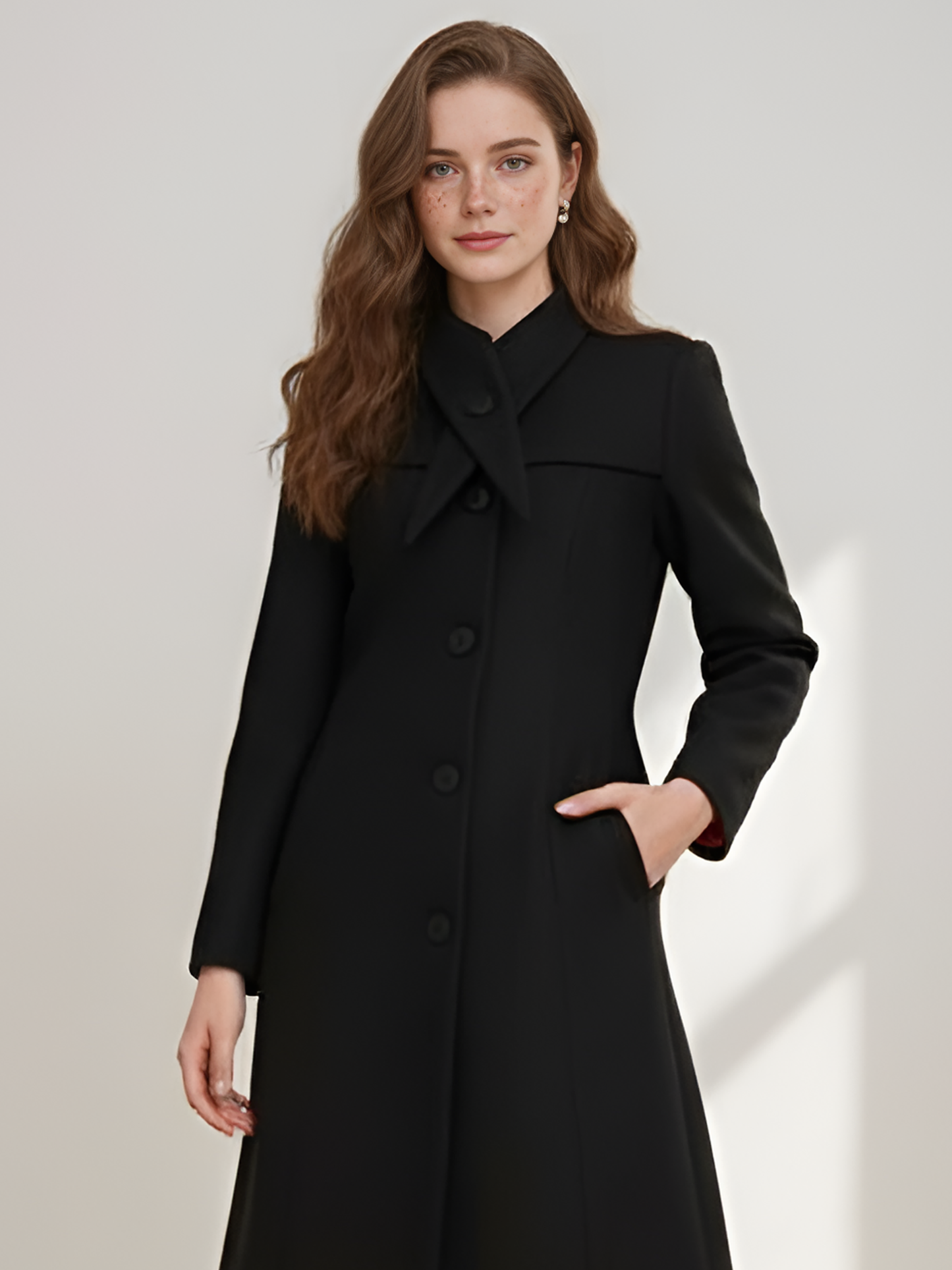 Sleek Black Wool Coat – Classic A-Line Coat with Elegant Button-Front | 25T35T4H