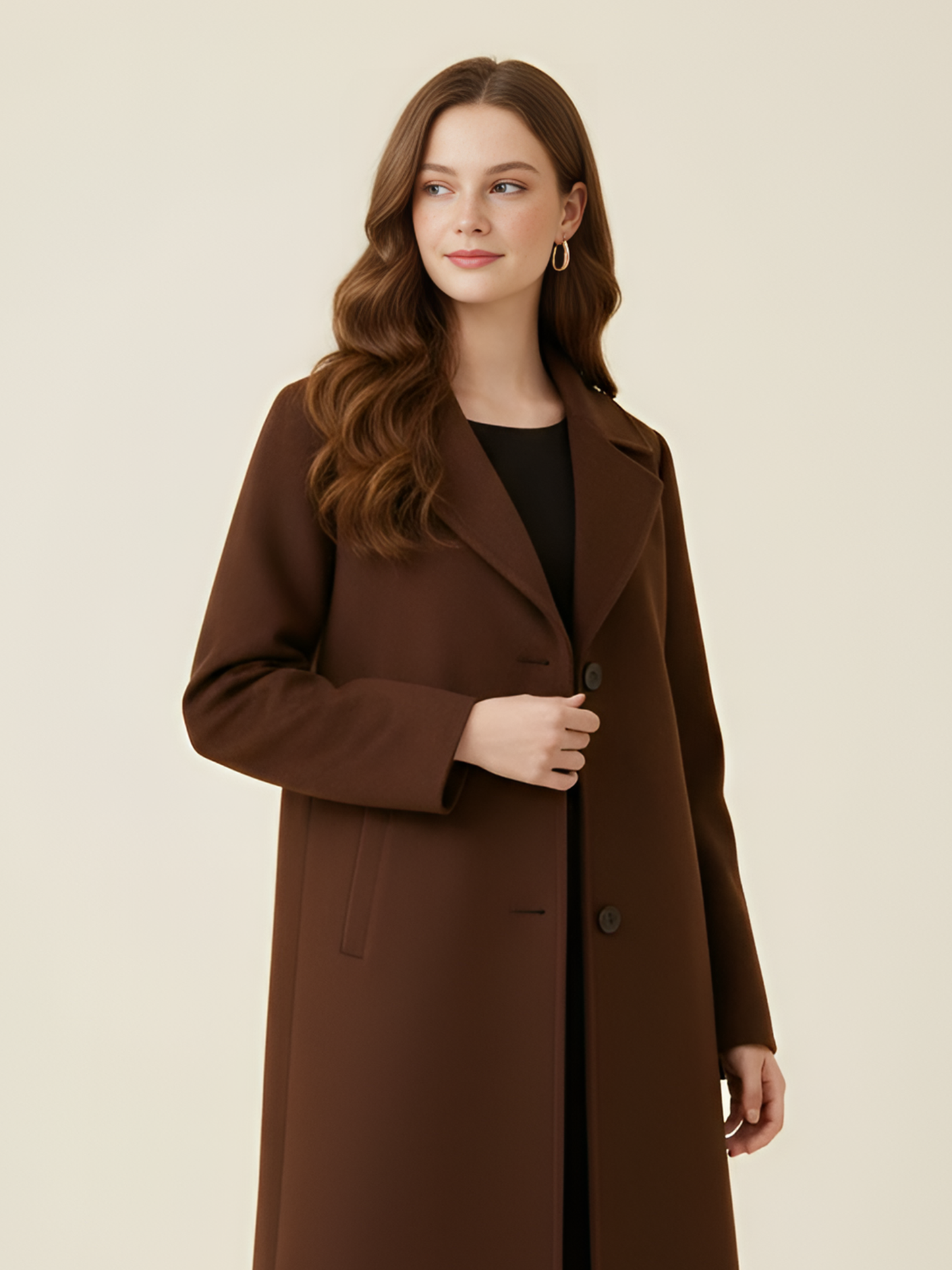 Chocolate Wool Long Coat – Sophisticated Tailored Fit with Single-Breasted Closure | 25T35T4F