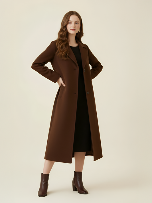 Chocolate Wool Long Coat – Sophisticated Tailored Fit with Single-Breasted Closure | 25T35T4F